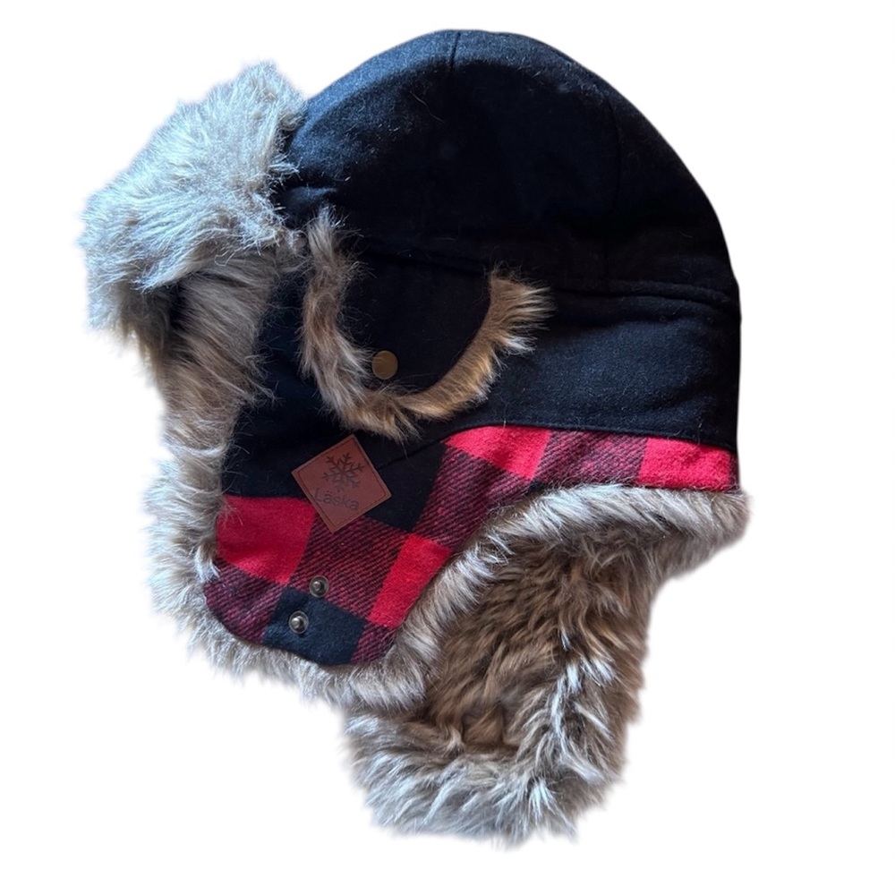 Laska Black and Red Plaid Trapper Hat with Faux Fur